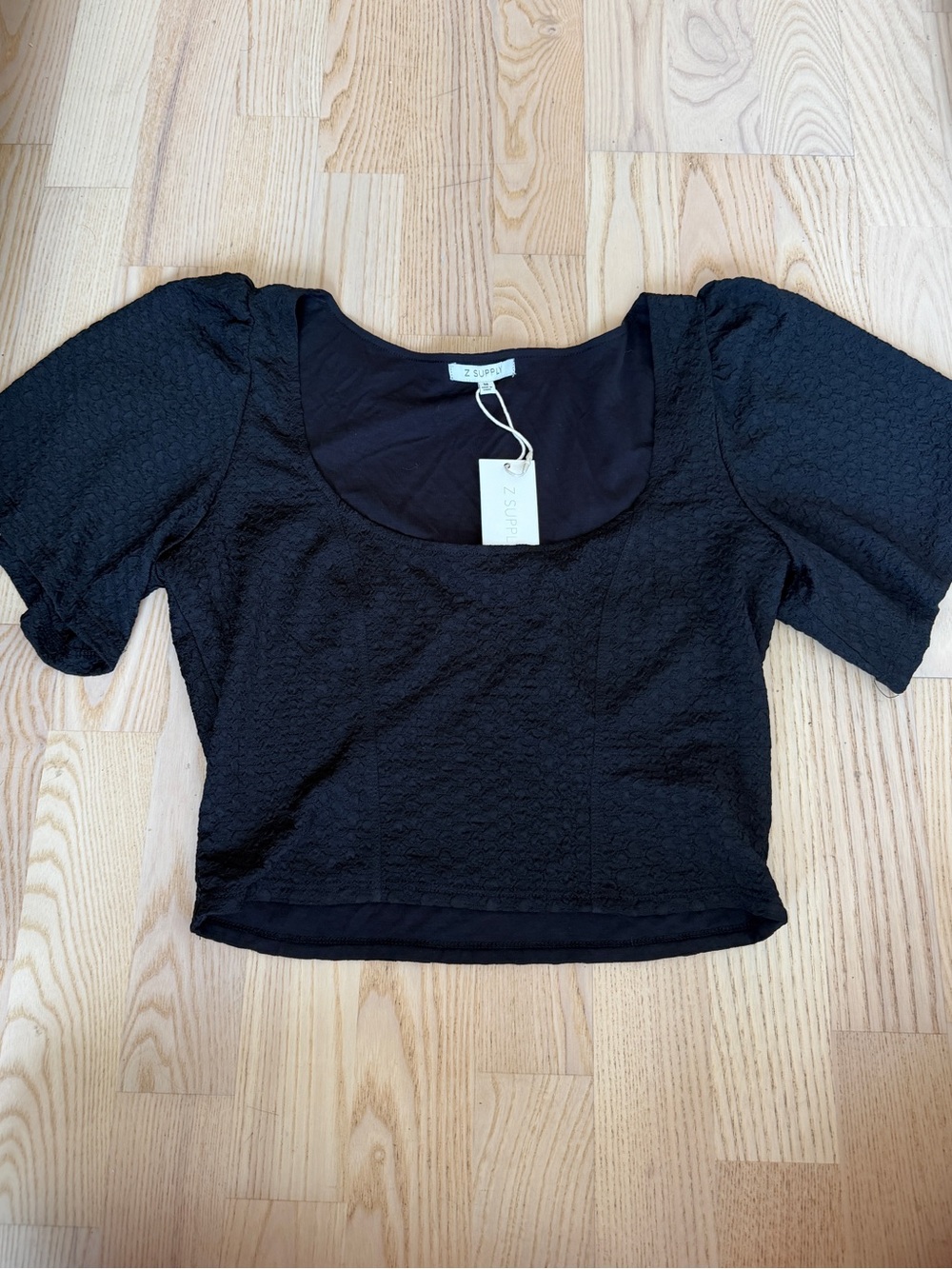 Z Supply Black Textured Scoop Neck Flutter Sleeve Top